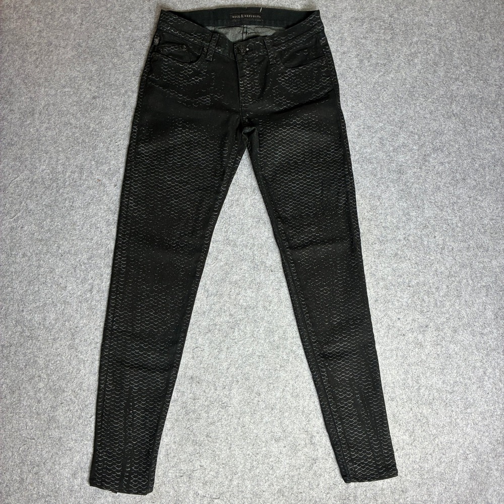 Rock & Republic Skinny Jeans Womens 31x31 Stretch Waist Black Textured Ankle Zip
